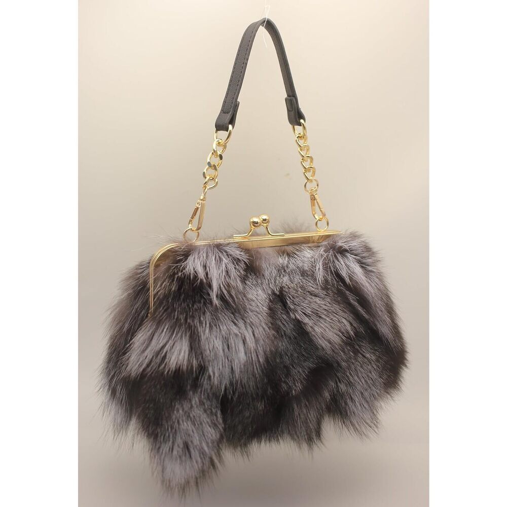 Natural Silver Fox Fur Purse – Dual Strap Shoulder Bag for Women - Picture 5 of 6